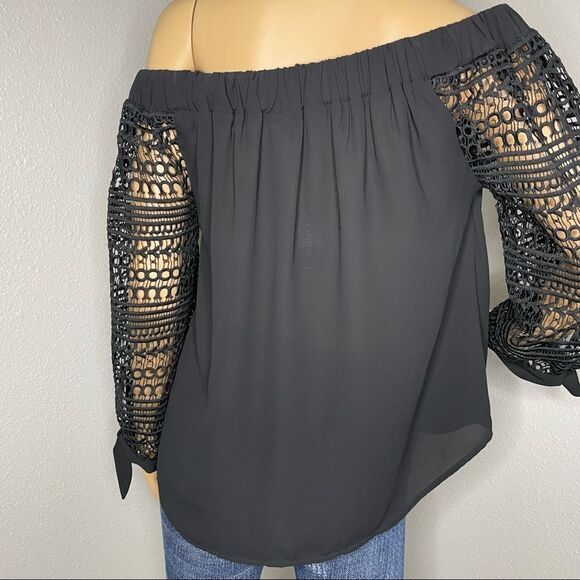 NWT Express Off Shoulder Black Blouse Eyelet Lace Sleeves Semi Sheer Size Small - Picture 10 of 13